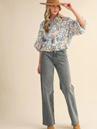 Paisley Daydream Teal Blue Paisley Bubble Sleeve Button Down Top-Women's Shirts & Tops-Shop Z & Joxa