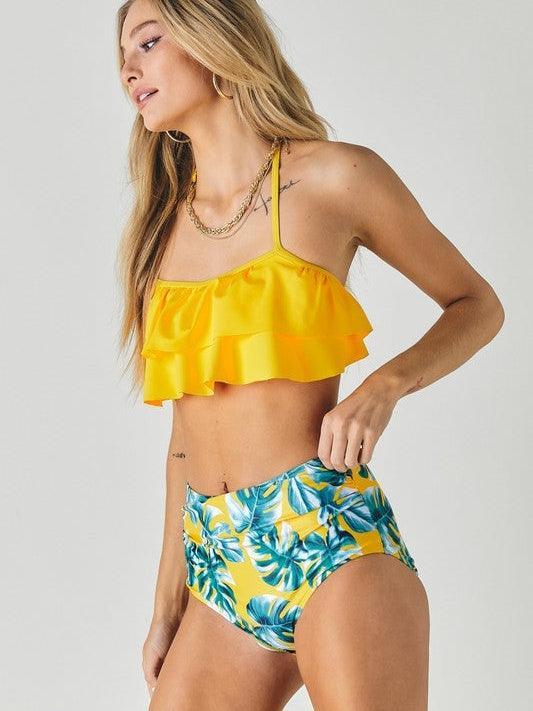 Palm Leaves and Sun Ruffle Top with Print Bottoms Swimsuit-Women's Clothing-Shop Z & Joxa