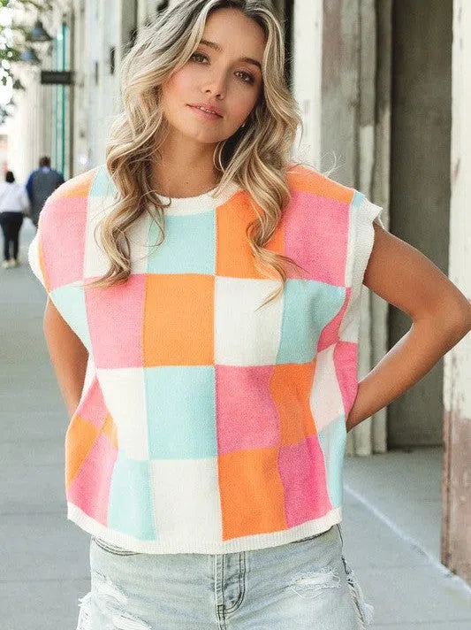 Pastel Dreams Checkered Sleeveless Sweater Top-Women's Clothing-Shop Z & Joxa