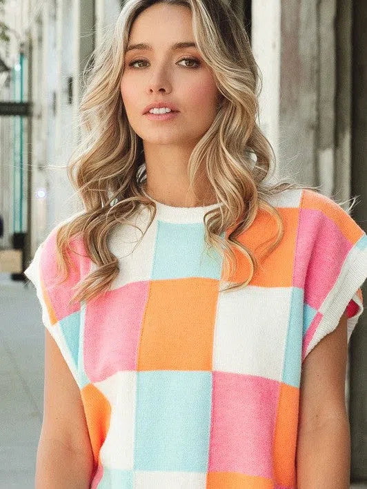 Pastel Dreams Checkered Sleeveless Sweater Top-Women's Clothing-Shop Z & Joxa