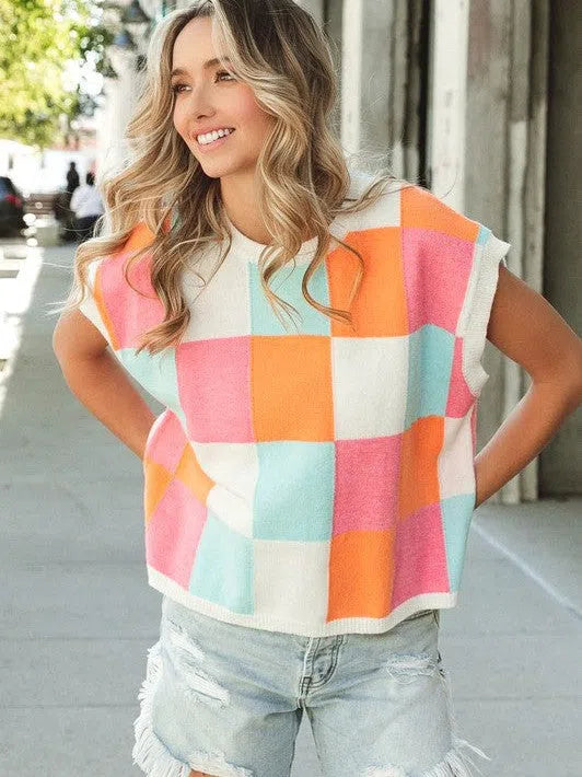 Pastel Dreams Checkered Sleeveless Sweater Top-Women's Clothing-Shop Z & Joxa