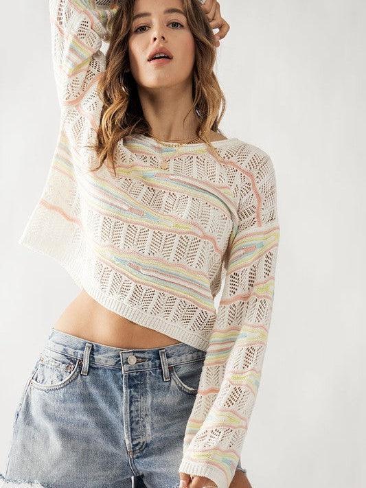 Pastel Rainbow Bell Sleeve Crochet Top-Women's Clothing-Shop Z & Joxa
