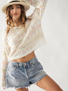 Pastel Rainbow Bell Sleeve Crochet Top-Women's Clothing-Shop Z & Joxa