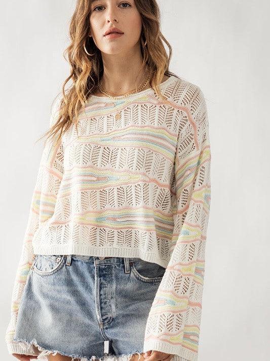 Pastel Rainbow Bell Sleeve Crochet Top-Women's Clothing-Shop Z & Joxa