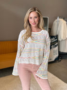 Pastel Rainbow Bell Sleeve Crochet Top-Women's Clothing-Shop Z & Joxa