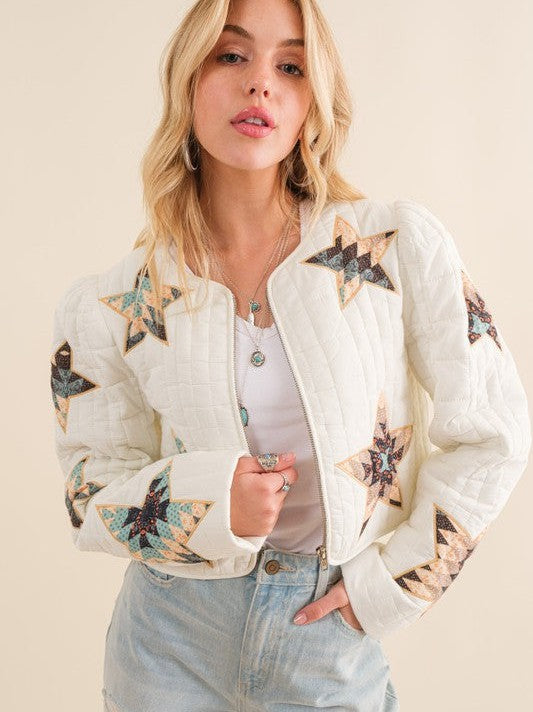 Patchwork Quilted Star Western Bomber Jacket-Women's Clothing-Shop Z & Joxa