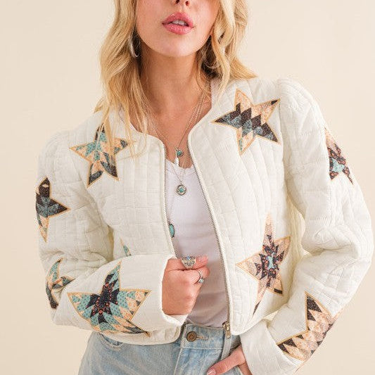Patchwork Quilted Star Western Bomber Jacket-Women's Clothing-Shop Z & Joxa
