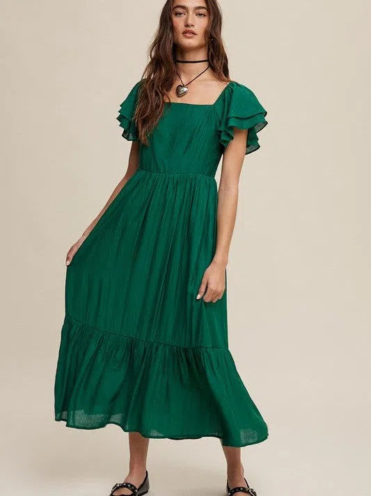 Perfect Imperfection Square Neck Ruffled Short Sleeve Maxi Dress-Women's Clothing-Shop Z & Joxa