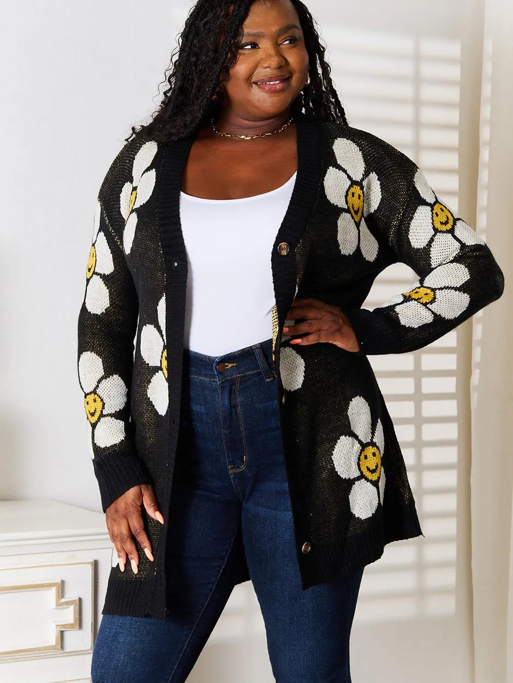 Perfee Black Daisy Delight Floral Button Down Long Cardigan-Women's Shirts & Tops-Shop Z & Joxa