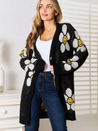 Perfee Black Daisy Delight Floral Button Down Long Cardigan-Women's Shirts & Tops-Shop Z & Joxa