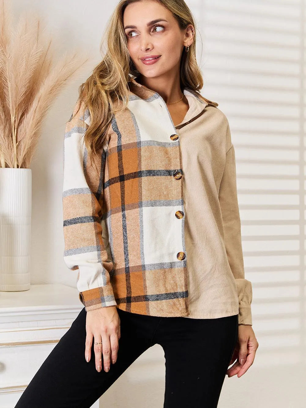 Perfee Golden Hour Half Plaid Long Sleeve Shirt-Women's Shirts & Tops-Shop Z & Joxa