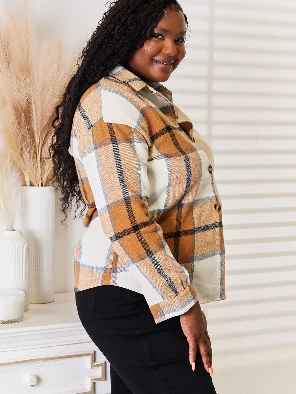 Perfee Golden Hour Half Plaid Long Sleeve Shirt-Women's Shirts & Tops-Shop Z & Joxa