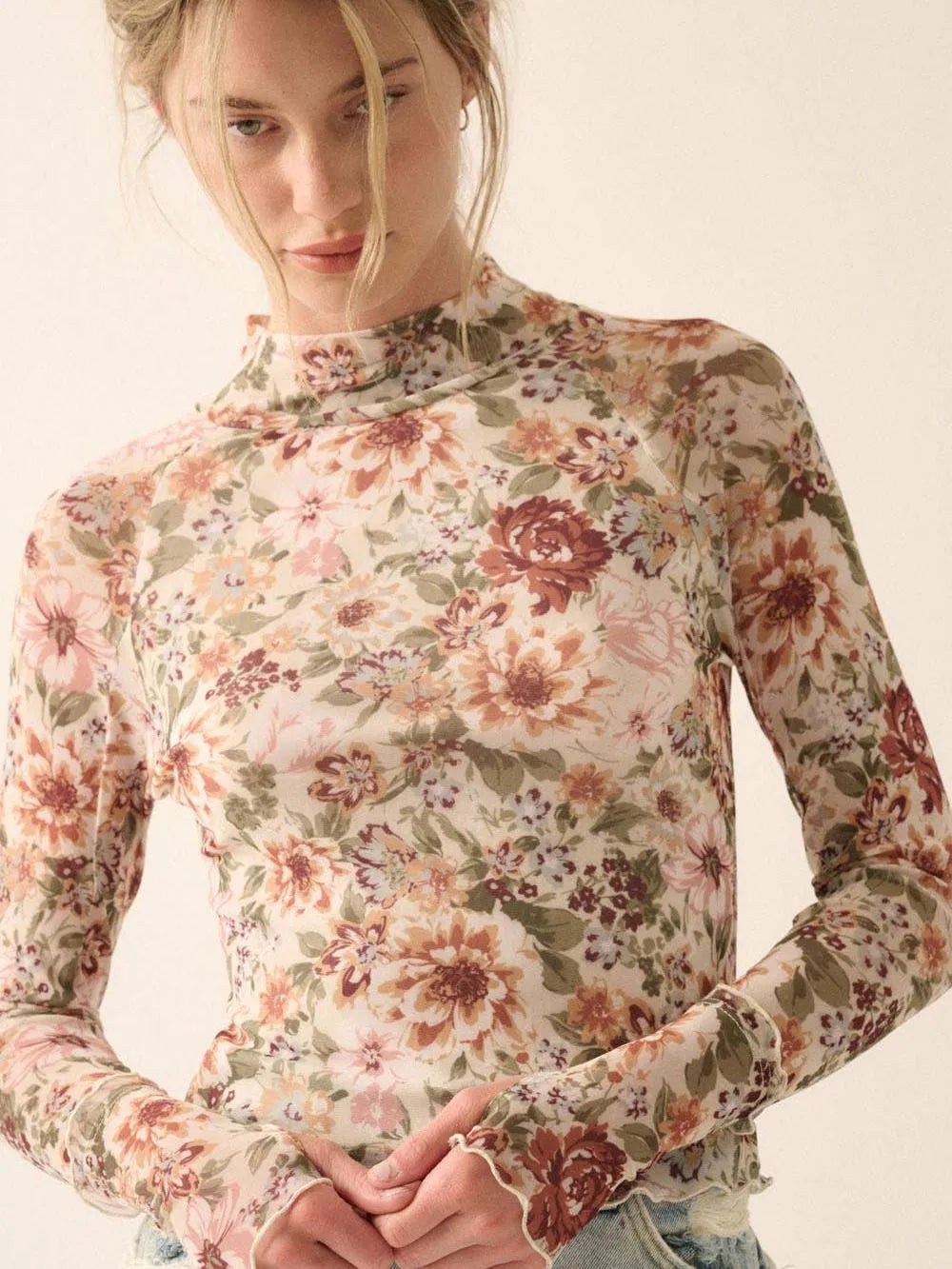 Petal Poetry Vintage Floral Mesh Long Sleeve Mock Neck Top-Women's Shirts & Tops-Shop Z & Joxa