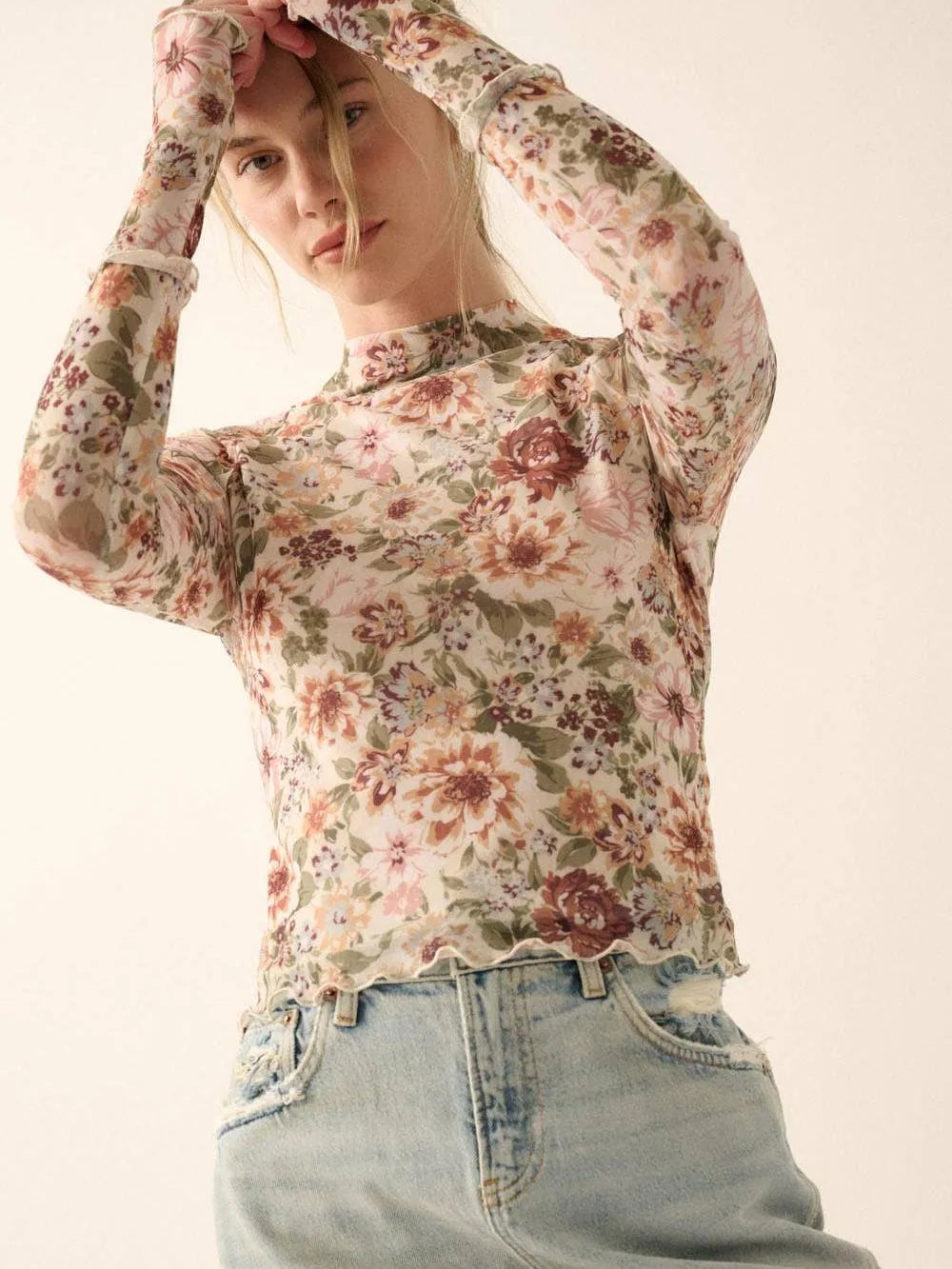 Petal Poetry Vintage Floral Mesh Long Sleeve Mock Neck Top-Women's Shirts & Tops-Shop Z & Joxa