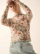 Petal Poetry Vintage Floral Mesh Long Sleeve Mock Neck Top-Women's Shirts & Tops-Shop Z & Joxa