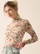 Petal Poetry Vintage Floral Mesh Long Sleeve Mock Neck Top-Women's Shirts & Tops-Shop Z & Joxa