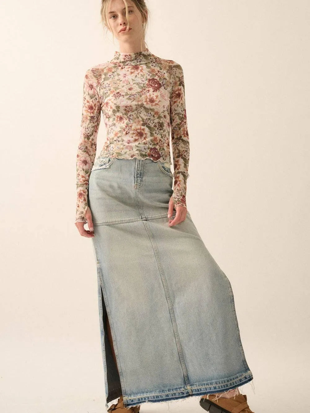 Petal Poetry Vintage Floral Mesh Long Sleeve Mock Neck Top-Women's Shirts & Tops-Shop Z & Joxa