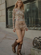 Petal Poetry Vintage Floral Mesh Long Sleeve Mock Neck Top-Women's Shirts & Tops-Shop Z & Joxa