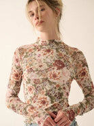 Petal Poetry Vintage Floral Mesh Long Sleeve Mock Neck Top-Women's Shirts & Tops-Shop Z & Joxa