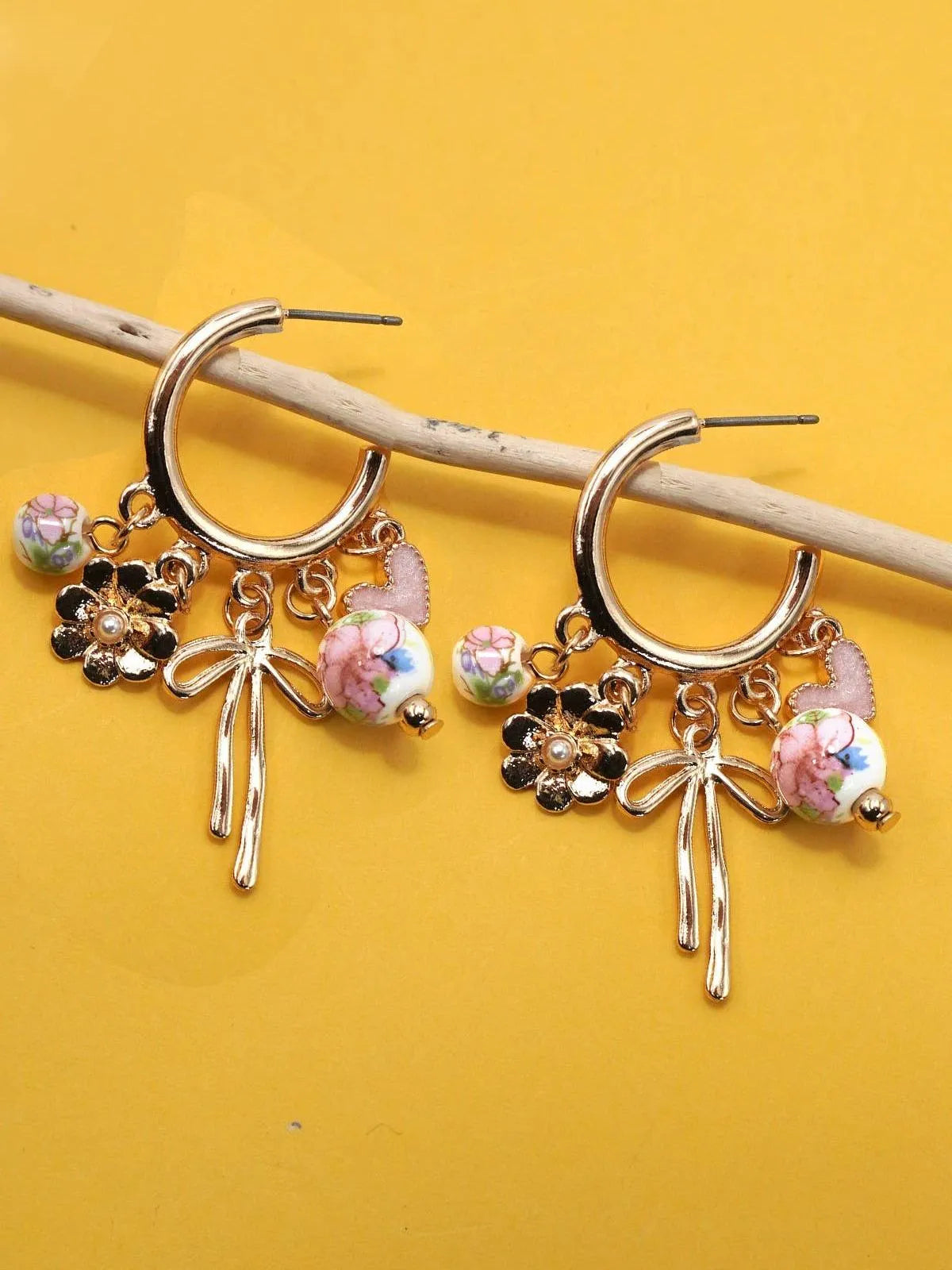 Petal Poise Porcelain Bow Charm Drop Hoop Earrings-Women's Accessories-Shop Z & Joxa