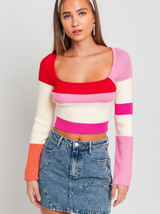 Pink Attitude Long Sleeve Color Stripe Stripe Knit Crop Top-Women's Clothing-Shop Z & Joxa