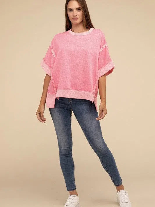 Pink Skies + Good Vibes Contrast Drop Shoulder Top-Women's Clothing-Shop Z & Joxa