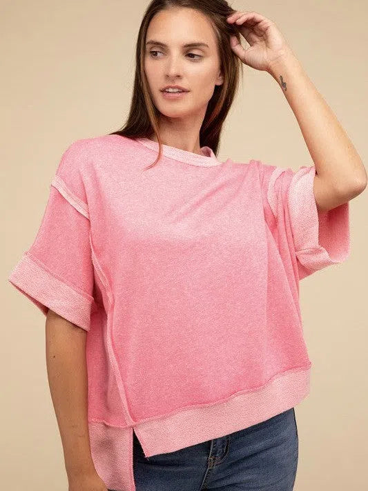 Pink Skies + Good Vibes Contrast Drop Shoulder Top-Women's Clothing-Shop Z & Joxa