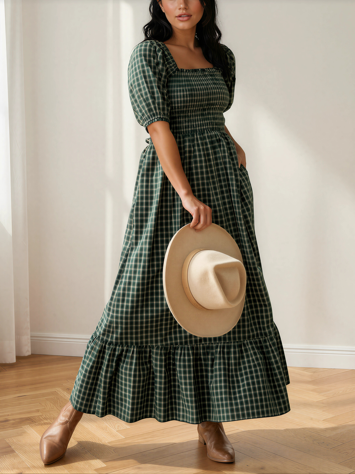 Plaid About You Square Neck Shirred High Waist Ruffle Hem Dress-Women's Dresses-Shop Z & Joxa