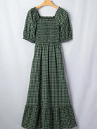 Plaid About You Square Neck Shirred High Waist Ruffle Hem Dress-Women's Dresses-Shop Z & Joxa