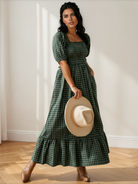Plaid About You Square Neck Shirred High Waist Ruffle Hem Dress-Women's Dresses-Shop Z & Joxa
