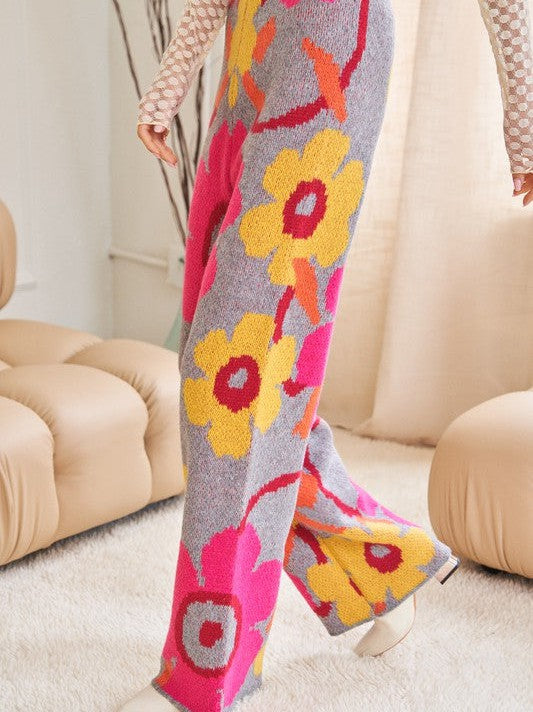 Playful Charm Flower Print Full Long Wide Pants-Women's Clothing-Shop Z & Joxa