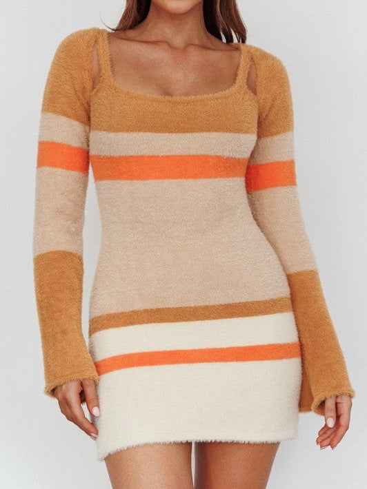 Playful Stripes Fuzzy Knit Long Sleeved Mini Dress-Women's Clothing-Shop Z & Joxa