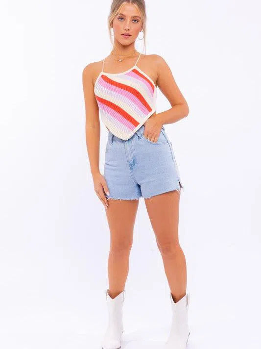 Playful Stripes Lis Sleeveless Crochet Open Back Cropped Top-Women's Shirts & Tops-Shop Z & Joxa