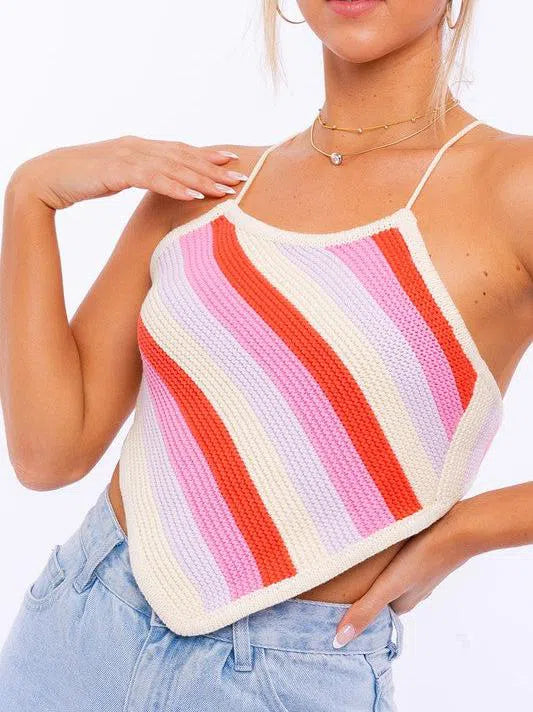 Playful Stripes Lis Sleeveless Crochet Open Back Cropped Top-Women's Shirts & Tops-Shop Z & Joxa