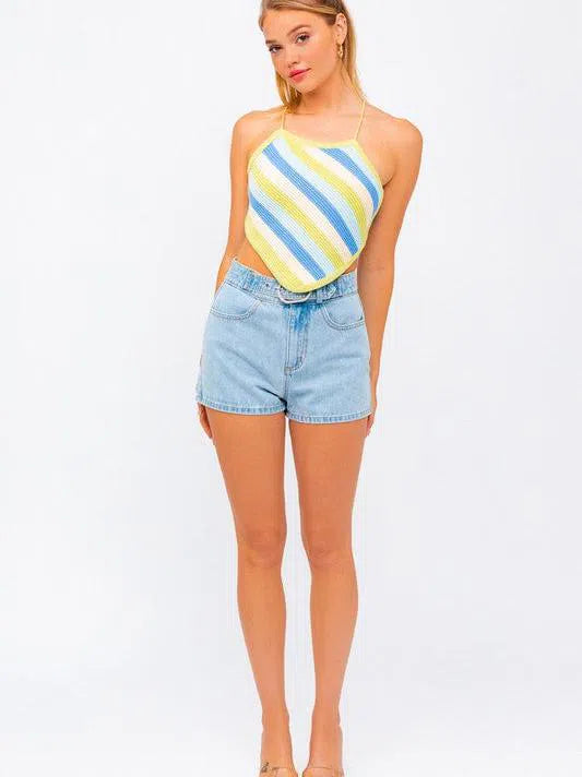 Playful Stripes Lis Sleeveless Crochet Open Back Cropped Top-Women's Shirts & Tops-Shop Z & Joxa