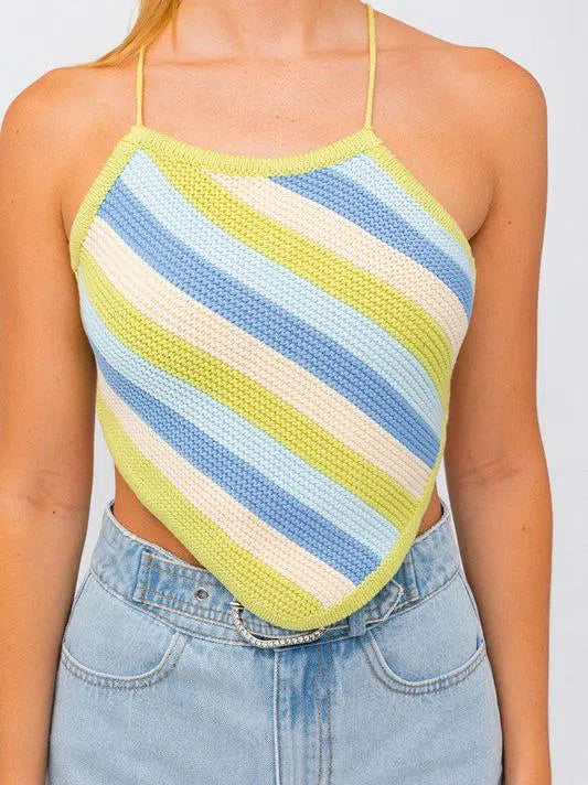 Playful Stripes Lis Sleeveless Crochet Open Back Cropped Top-Women's Shirts & Tops-Shop Z & Joxa