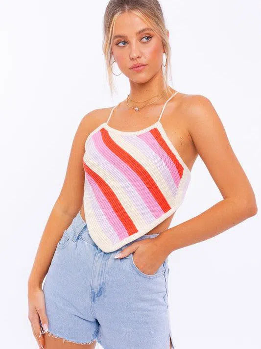 Playful Stripes Lis Sleeveless Crochet Open Back Cropped Top-Women's Shirts & Tops-Shop Z & Joxa