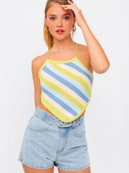 Playful Stripes Lis Sleeveless Crochet Open Back Cropped Top-Women's Shirts & Tops-Shop Z & Joxa