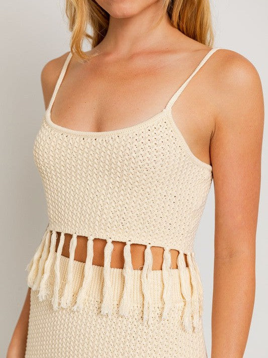 Playful Touch Tassel Detail Boho Sweater Crop Top with Spaghetti Straps-Women's Clothing-Shop Z & Joxa