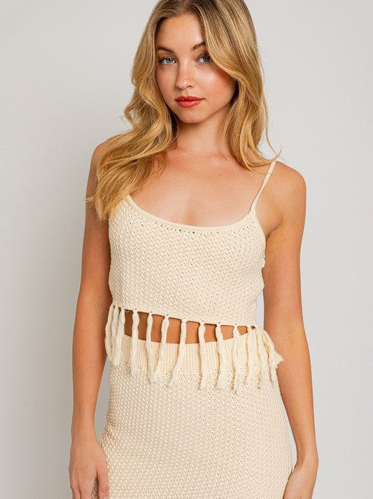 Playful Touch Tassel Detail Boho Sweater Crop Top with Spaghetti Straps-Women's Clothing-Shop Z & Joxa