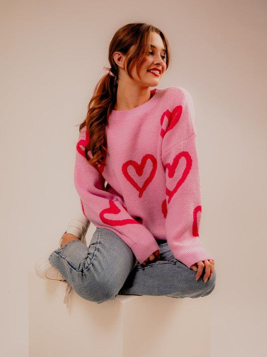 Playful at Heart Long Sleeve Round Neck Printed Heart Sweater-Women's Clothing-Shop Z & Joxa