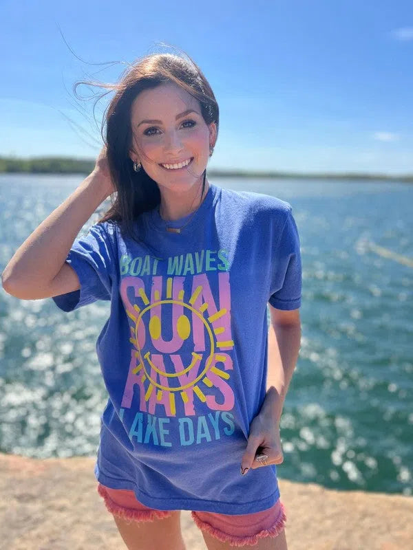 Plus Boat Waves and Sun Rays Lake Days Graphic Tee-Women's Clothing-Shop Z & Joxa