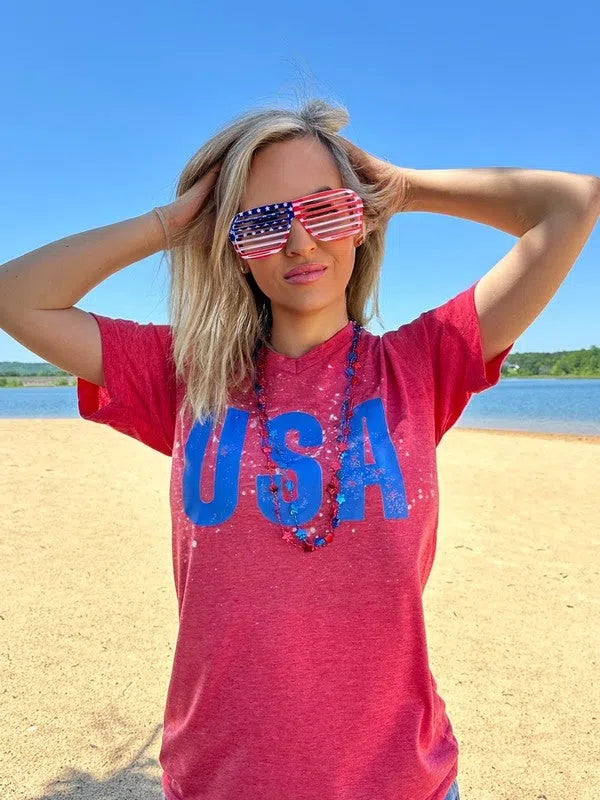 Plus Heather Red Distressed Look USA Tee-Women's Clothing-Shop Z & Joxa