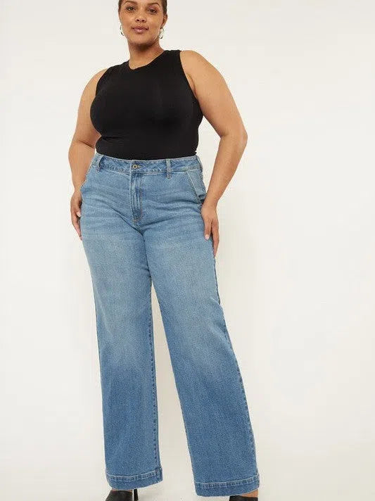 Plus Kancan Styled and Smiling High Rise Wide Leg Jeans-Women's Clothing-Shop Z & Joxa