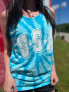 Plus Tie Dye Aqua Blue USA Graphic Tank Top-Women's Clothing-Shop Z & Joxa