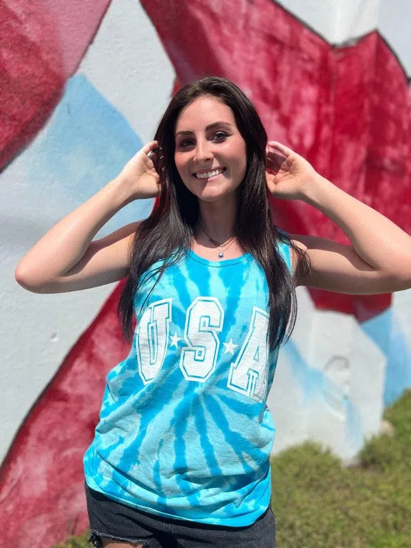 Plus Tie Dye Aqua Blue USA Graphic Tank Top-Women's Clothing-Shop Z & Joxa