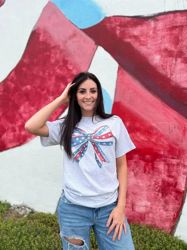 Plus Watercolor America Patriotic Bow Graphic Tee-Women's Clothing-Shop Z & Joxa