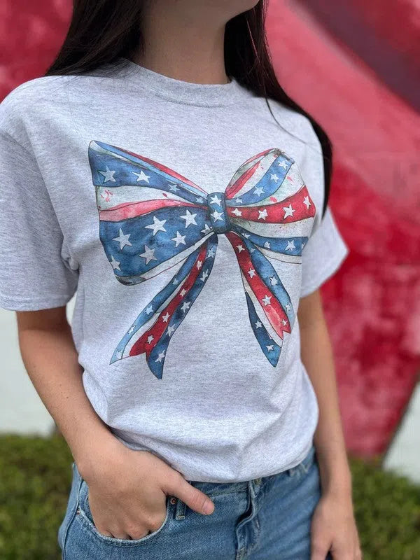 Plus Watercolor America Patriotic Bow Graphic Tee-Women's Clothing-Shop Z & Joxa