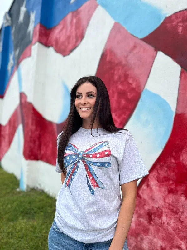 Plus Watercolor America Patriotic Bow Graphic Tee-Women's Clothing-Shop Z & Joxa