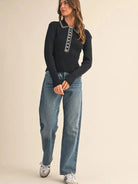 Polished Edge Black Contrast Stitch Collared Ribbed Sweater-Women's Shirts & Tops-Shop Z & Joxa